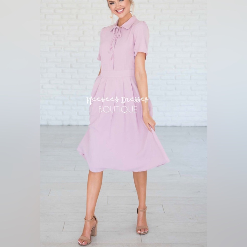 Women's Dusty Pink Midi Dress Large Mauve Pleated Button Front Bridesmaid Modest